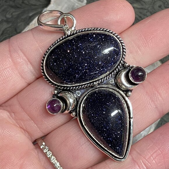 Witchy Fairy Core Blue Goldstone Amethyst Crescent Moon Pendant Crystal Stone Je - Picture 1 of 5